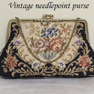 Vintage needlepoint purse, needlepoint 2 sided purse, marcasite accents, chain s